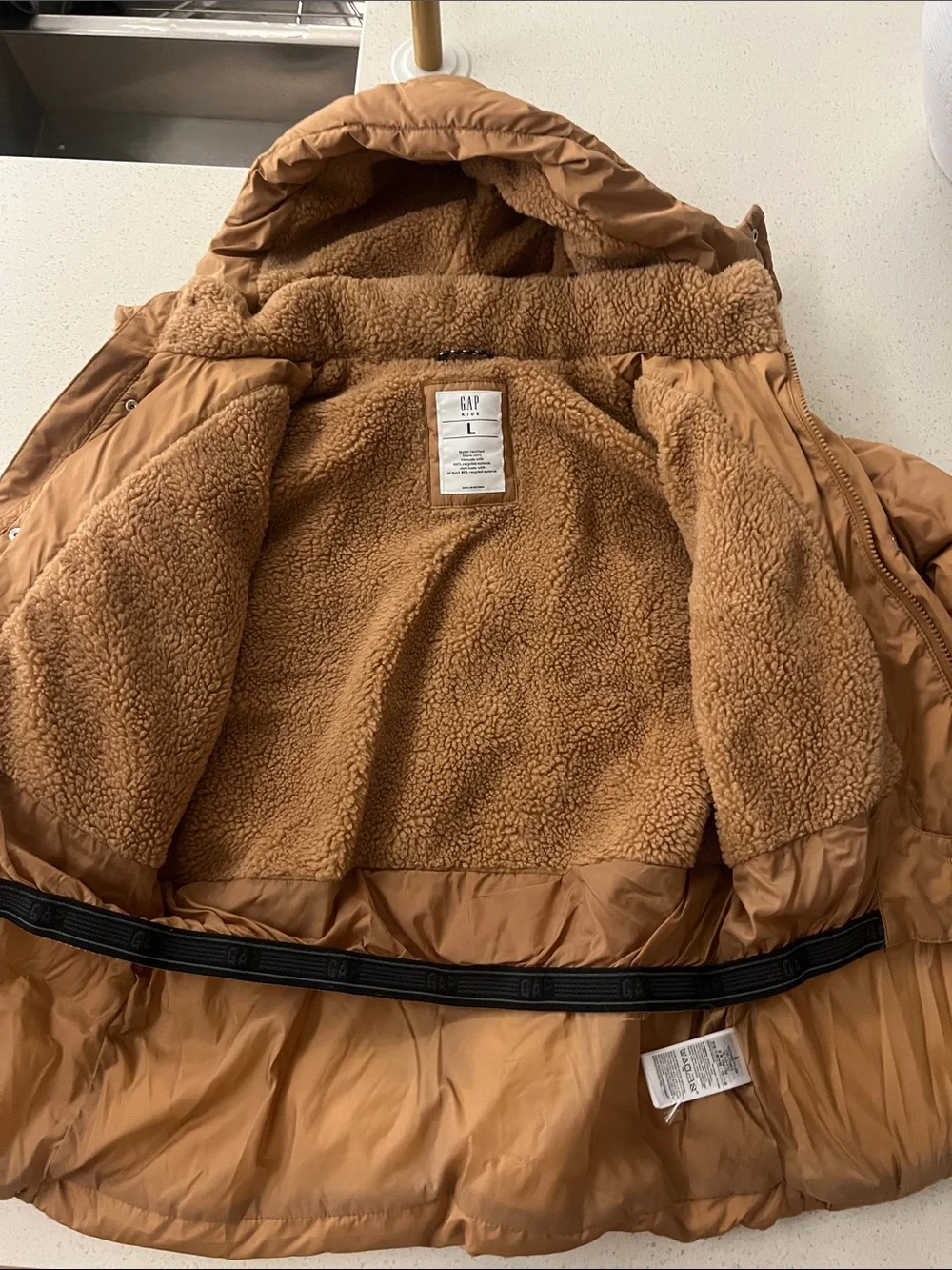 GAP Kids Tan Puffer Jacket with Sherpa-Lined Hood